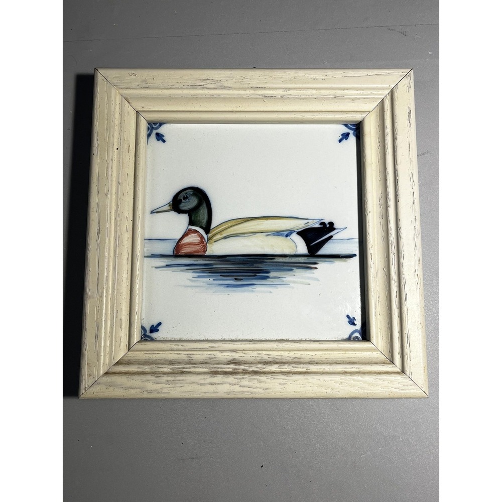 Vintage Harlingen Holland Delft Duck Ceramic Backsplash Tile 7.5in Framed Wall